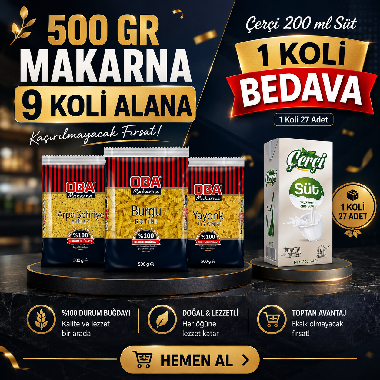 Oba 500 Gr Makarna 9 Koli Alana, Çerçi 200 ml Süt 1 Koli Bedava