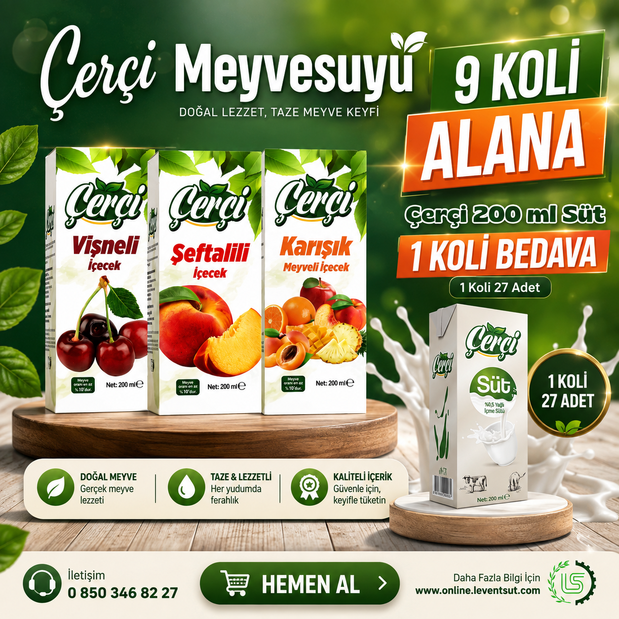 Çerçi 200 ml Msuyu 9 Koli Alana, Çerçi 200 ml Süt 1 Koli Bedava