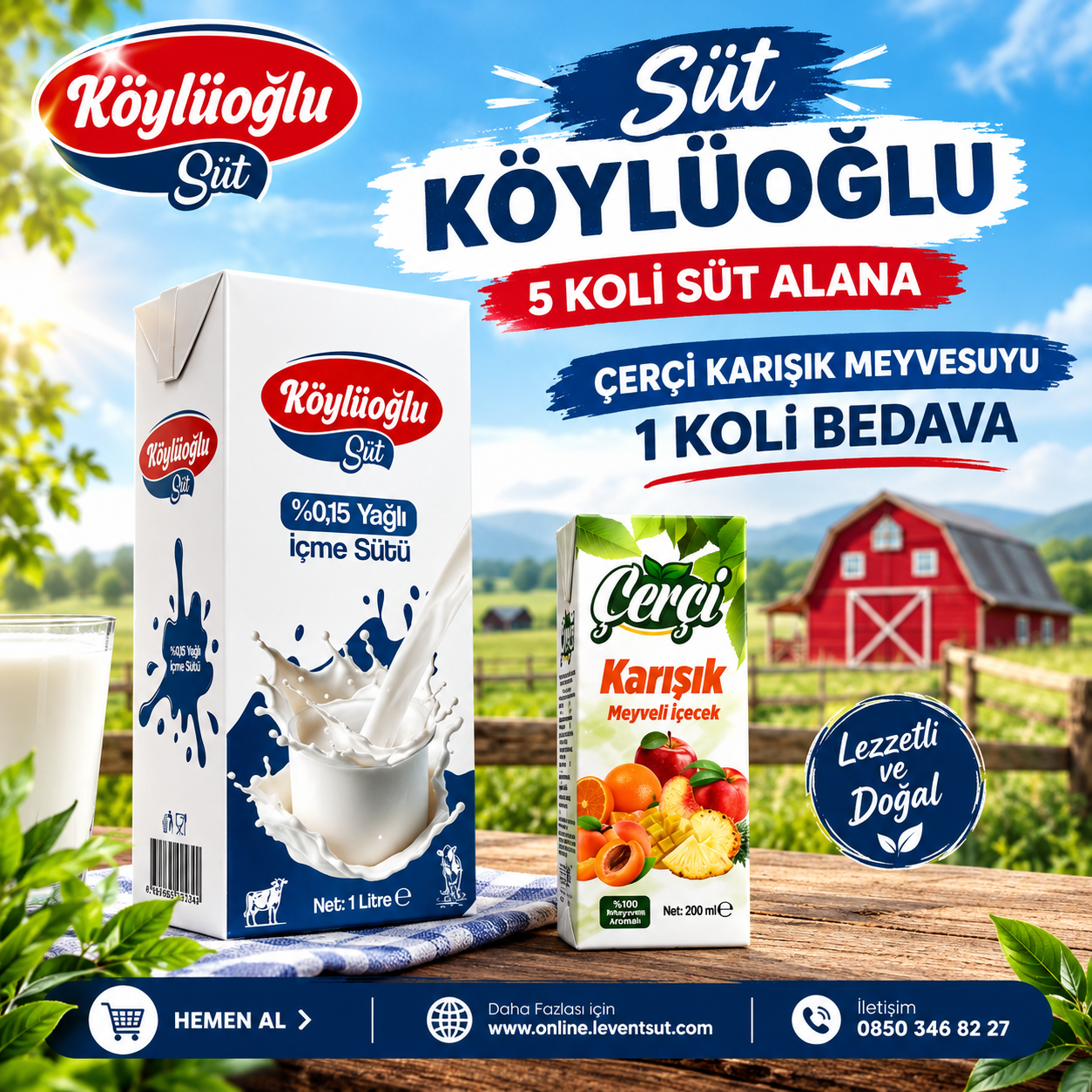 Köylüoğlu Süt 5 Koli Alana, Çerçi 200 ml Msuyu 1 Koli Bedava