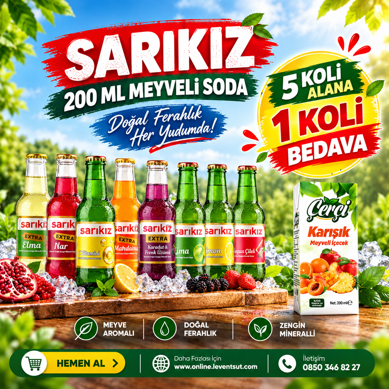 Sarıkız Meyveli Soda 5 Koli Alana, Çerçi 200 ml Karışık Msuyu 1 Koli Bedava