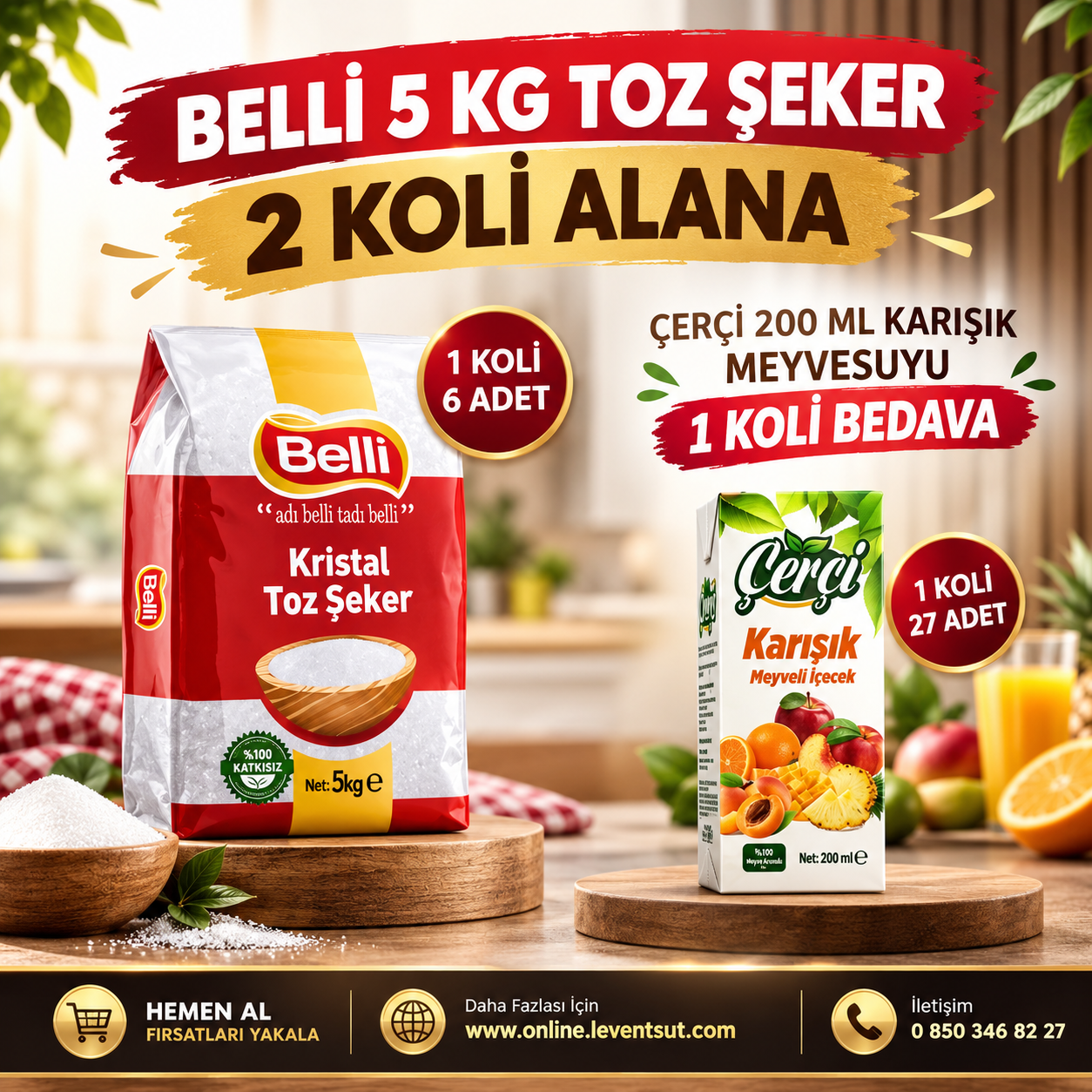 Belli 5 Kg Toz Şeker 2 Koli Alana, Çerçi 200 ml Karışık msuyu 1 Koli Bedava